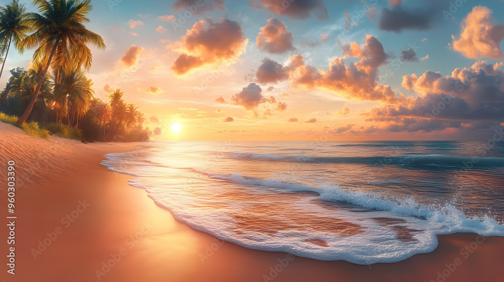 Wall mural Serene beach sunset with palm trees and gentle waves.