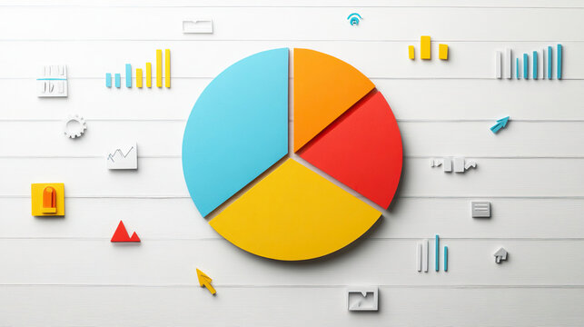 Colorful pie chart surrounded by various data visualization elements on a white background, representing statistical analysis.