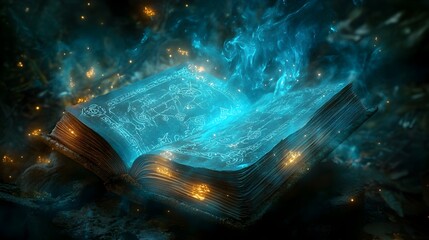 Powerful Magic Spell Emanating from Enchanted Tome in Mystical Forest Backdrop