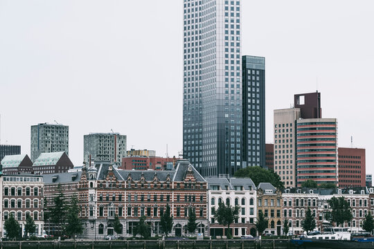 Panoramic view of a metropolitan skyline featuring both historic and modern buildings, showcasing the architectural diversity and growth of the urban environment in Rotterdam