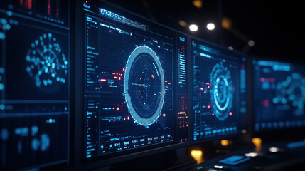 Fototapeta premium High-tech computer screens display intricate data, graphs, and analytics in a dark environment, showcasing advanced technology.