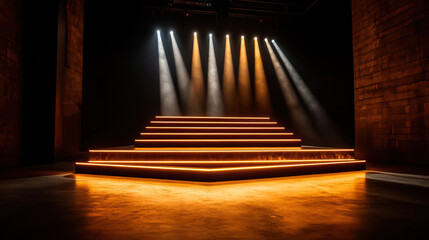 Fototapeta premium Illuminated stage with dramatic lighting and wooden design, perfect for performances and events in a modern setting.