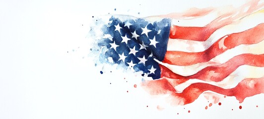 Vibrant Watercolor American Flag Painting with Brush Strokes and Splatter Textures for 4th of July Patriotic Holiday abstract design with grunge vintage