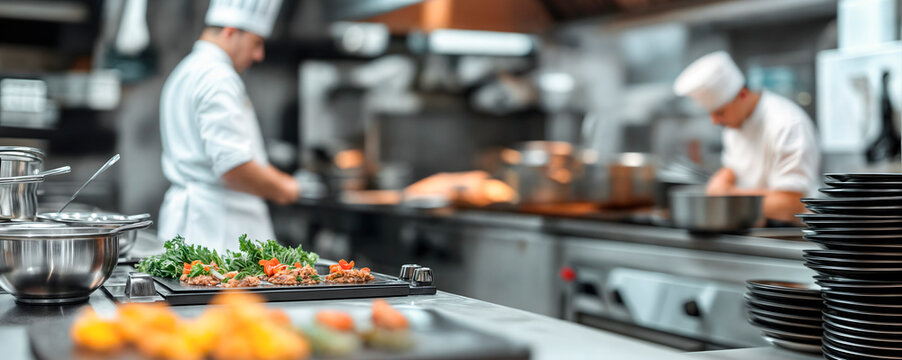 Modern commercial kitchen with chefs working in the back ground cooking food
