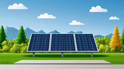 Colorful illustration of solar panels in a lush landscape with mountains and clear blue skies, symbolizing renewable energy.