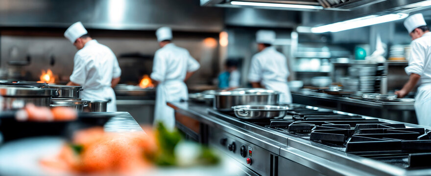 Modern commercial kitchen with chefs working in the back ground cooking food