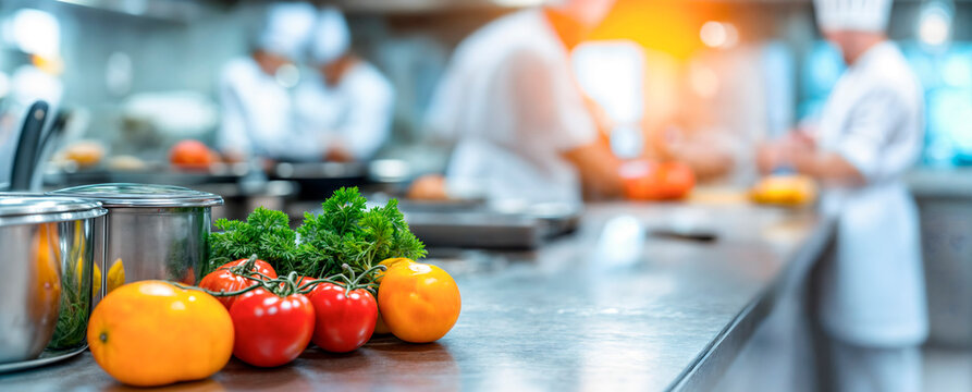 Modern commercial kitchen with chefs working in the back ground cooking food