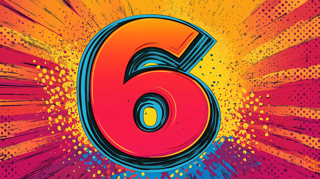 Pop art Alphabet number six. Colorful background in pop art retro comic style.	