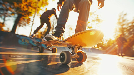 Group of teenagers skateboarding in an urban park, dynamic angles, and action shots.