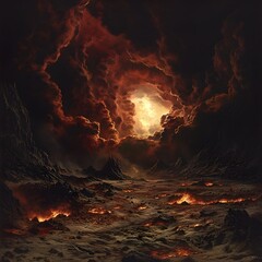 Infernal Plane with Roiling Crimson Clouds and Ember Strewn Wasteland of Damned Humanoid Forms and