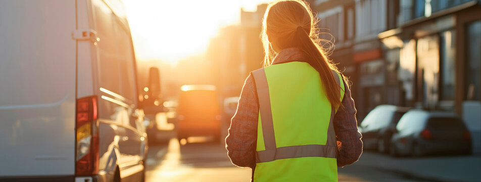 Young female delivery driver carrying a package in an urban area smiling