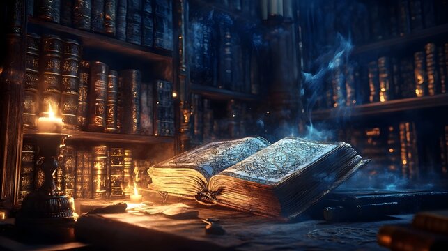 Ancient Arcane Tome with Gilt Edged Pages Emanating an Otherworldly Glow in Dimly Lit Occult Study