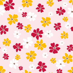 Simple floral vector seamless pattern. White, red, orange flowers on a light pink background. For fabric prints, textile products, summer clothes.