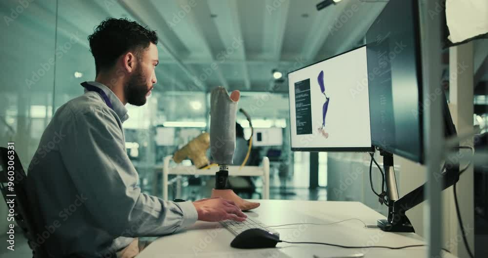 Aufkleber prosthetic, screen or man on computer for model, inclusive device or future 3d development. prosthet