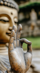  Buddha statue raising hand and making sign with fingers in temple