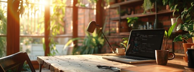 Cozy home office workspace with a laptop and plants in natural light