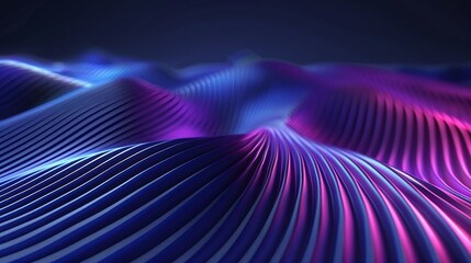 Abstract wave pattern with vibrant purple and blue lights, creating a stunning visual depth and motion in a digital landscape.