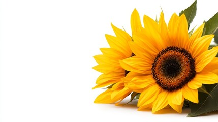 Obraz premium A radiant sunflower in full bloom, with bold yellow petals and a rich dark center, isolated on a crisp white background, Realism, High-Resolution Photography.