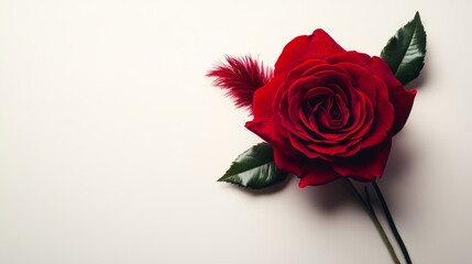 Fototapeta premium A red rose with velvety petals, perfectly isolated on a white background, soft shadows provide a gentle 3D effect, ideal for minimalist romantic designs, Ultra-realistic, High clarity.