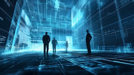 Obraz premium Visual of a digital blueprint with economic policy diagrams, government officials analyzing the plans, concept of structured economic development