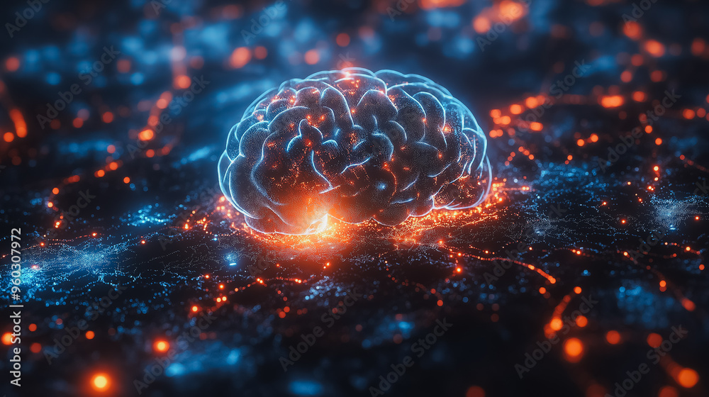 Poster a brain is shown in a computer generated image with a bright orange glow. the brain is surrounded by