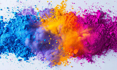 Fototapeta premium Vibrant Holi Powder Explosion with Yellow, Purple, Orange, and Blue Colors on White Background, Celebratory Festival Concept