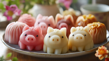 Obraz premium A plate of assorted pigs in a variety of colors. The plate is on a table with a vase of flowers in the background. Generative AI