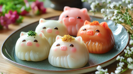 A plate of assorted pigs in a variety of colors. The plate is on a table with a vase of flowers in the background. Generative AI