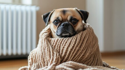 Dog Wrapped in Blanket by Radiator in Cozy Home