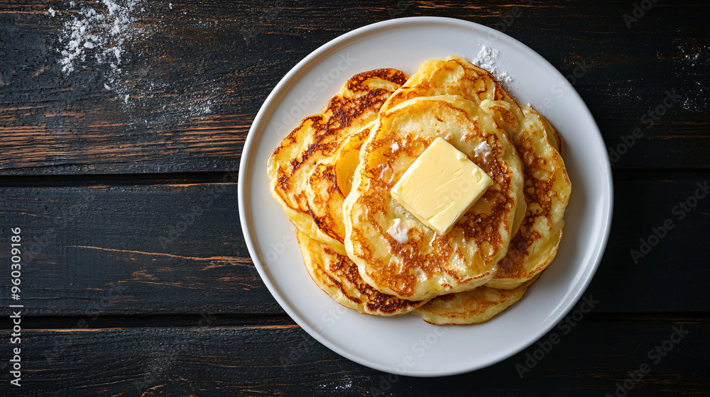 Canvas Prints scrumptious golden pancakes topped with melting butter on a white plate, perfect for a delightful br