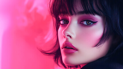 A woman with short hair and a pink lip color. She has a very pretty face. Generative AI