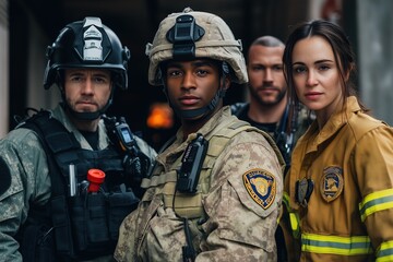 A USA soldier, police officer, firefighter, and emergency doctor are standing together. Full color photo. --ar 3:2 --v 6.1 Job ID: bfd6b1a8-12eb-4842-9ffa-385261f81713
