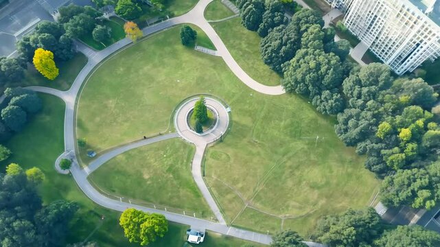 Top view video of a flat lay rotating city park with trees, walkways, and benches.