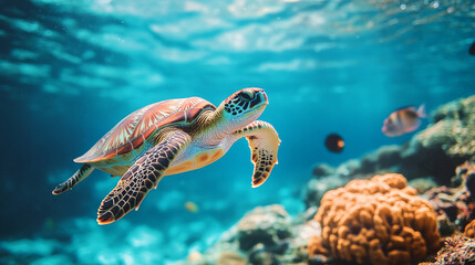 Obraz premium Sea Turtle Swimming Through Coral Reef