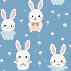 Fototapeta premium Cute white rabbits with flowers on a blue background seamless pattern
