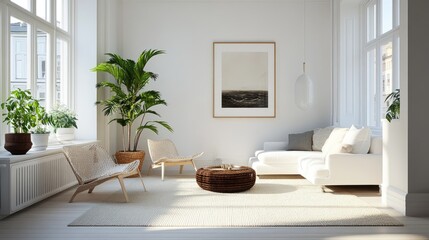 Scandinavian-style white living area with clean lines, a neutral rug, and a touch of greenery from a potted plant.