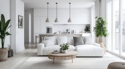 Scandinavian-style white living area with clean lines, a neutral rug, and a touch of greenery from a potted plant.