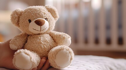 Obraz premium Child’s Hand Holding a Teddy Bear: A small child’s hand clutching a soft, worn teddy bear, with a cozy nursery in the background. 