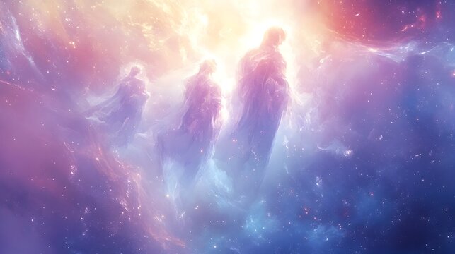 Ethereal Celestial Beings Floating in a Cosmic Dreamscape   Glowing Impressionistic Digital Painting