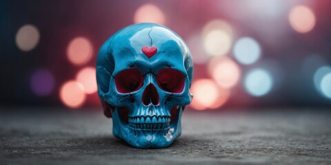 A blue and pink skull with a red heart on it.