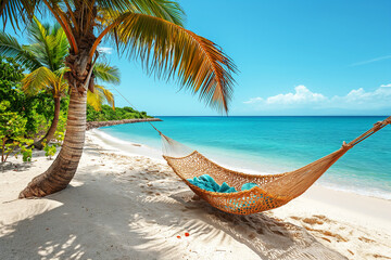 Fototapeta premium Hammock between palm trees on white sand beach of tropical island