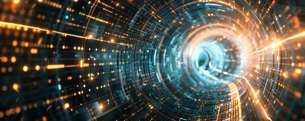 Dynamic tunnel of light showcasing vibrant colors and patterns, symbolizing technology and innovation in a digital universe.