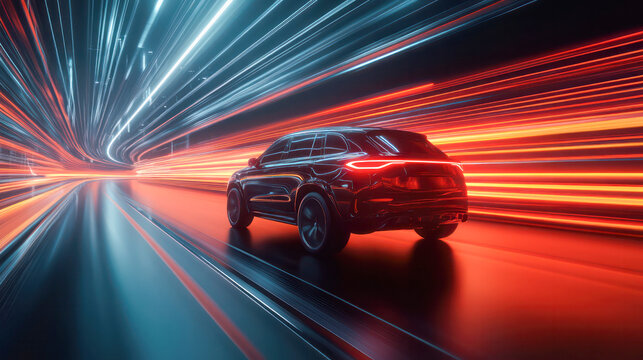 A car is driving down a road with a bright orange glow. The car is surrounded by a lot of sparks. Generative AI