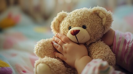 Child’s Hand Holding a Teddy Bear: A small child’s hand clutching a soft, worn teddy bear, with a cozy nursery in the background.
