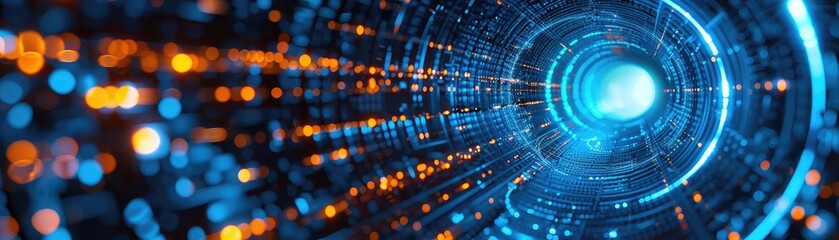 Obraz premium A dynamic abstract representation of data flow, featuring glowing lines and a vibrant tunnel of light, symbolizing technology and speed.