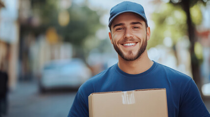 Smiling postal worker holding a cardboard box, ready for efficient and friendly delivery service.Generative AI