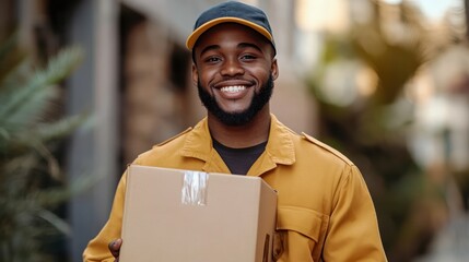 Smiling postal worker holding a cardboard box, ready for efficient and friendly delivery service.Generative AI