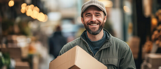 Smiling postal worker holding a cardboard box, ready for efficient and friendly delivery service.Generative AI