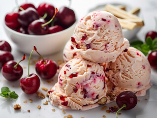 A trio of cherry ice cream scoops, filled with bright cherry chunks, is served on a white surface surrounded by fresh cherries and granola, creating a vibrant and refreshing dessert scene.
