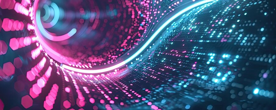Abstract digital tunnel with vibrant pink and blue lights creating a dynamic visual effect, ideal for technology and innovation themes.